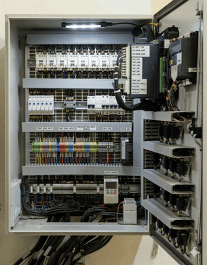 Electrical panel with door open showing wire duct and din rail terminal blocks inside