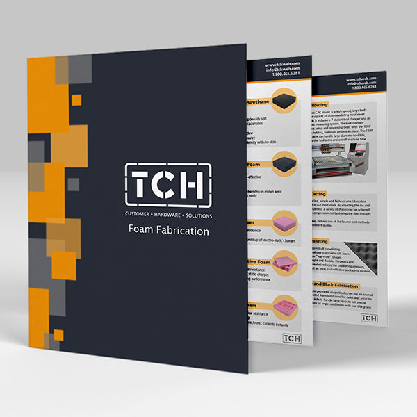 Foam Fabrication brochure by TCH, detailing custom foam engineering and material types.