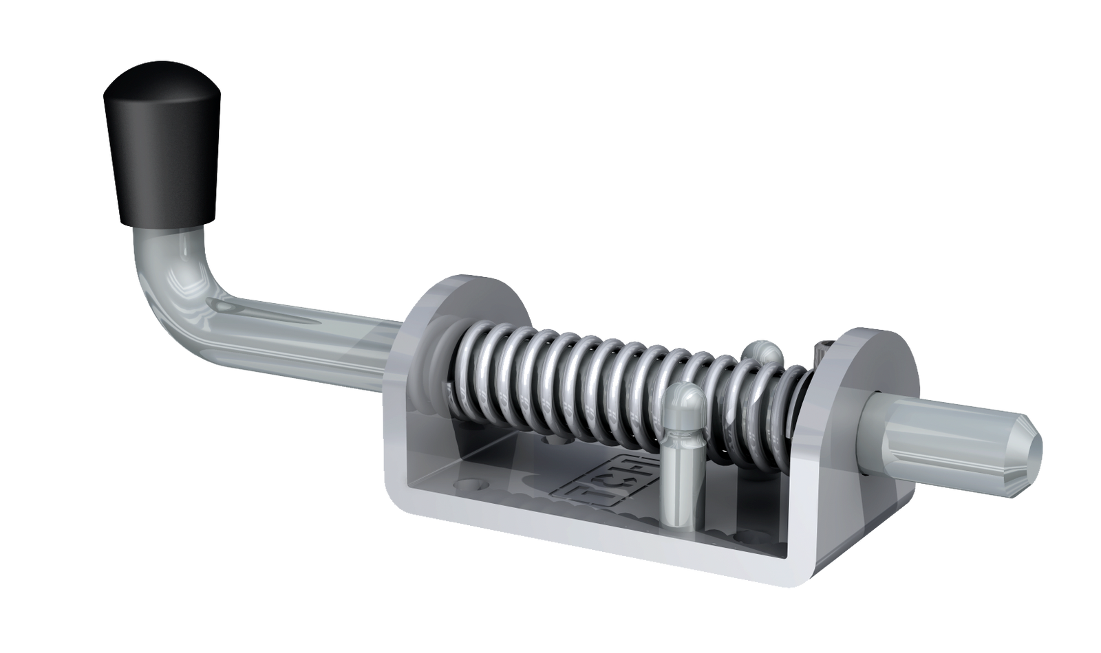 Steel base Spring Bolt with a stainless steel rod. Shown in left perspective with rod in closed position.