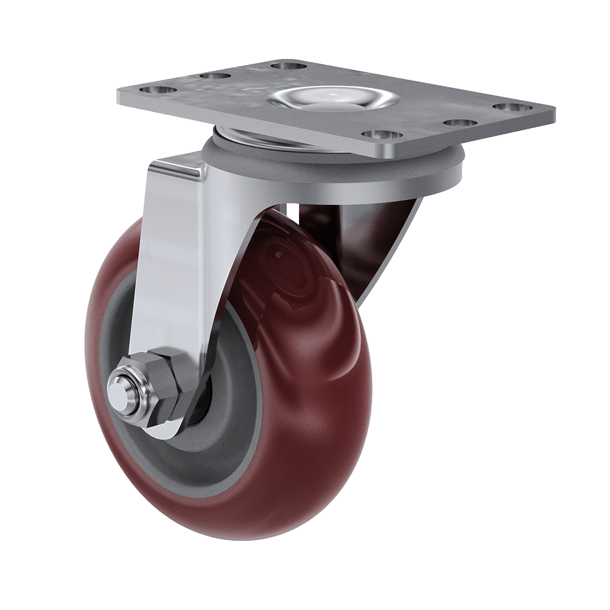Left side view of 3-1/2&quot; maroon polyurethane swivel caster