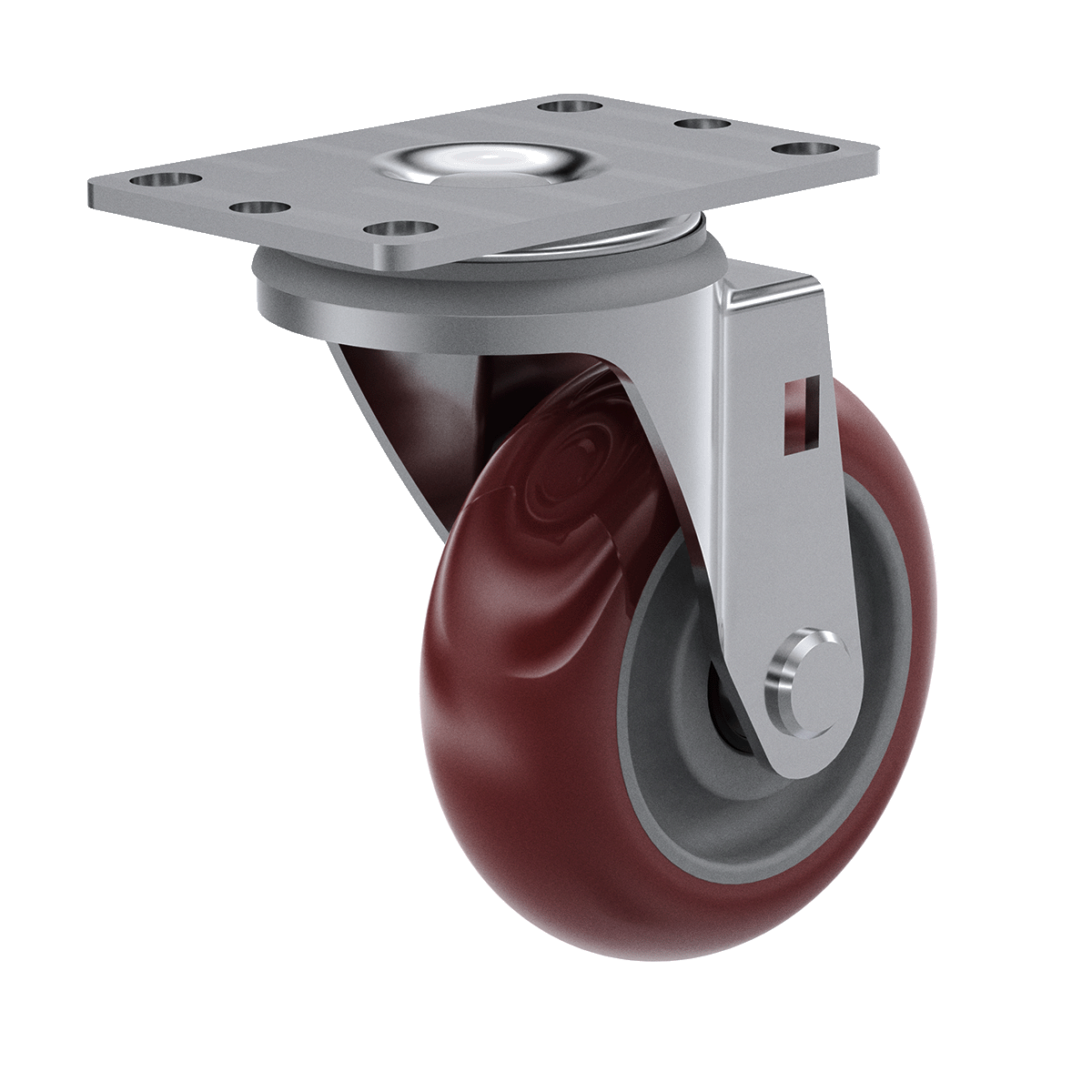 Right side view of 3-1/2" maroon polyurethane swivel caster